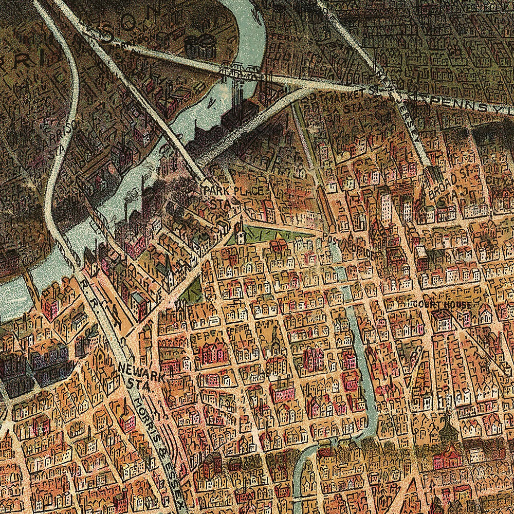 Ancienne carte Birdseye de Newark par Landis, 1916 : Manhattan, port de Newark, chemins de fer, baie de New York 