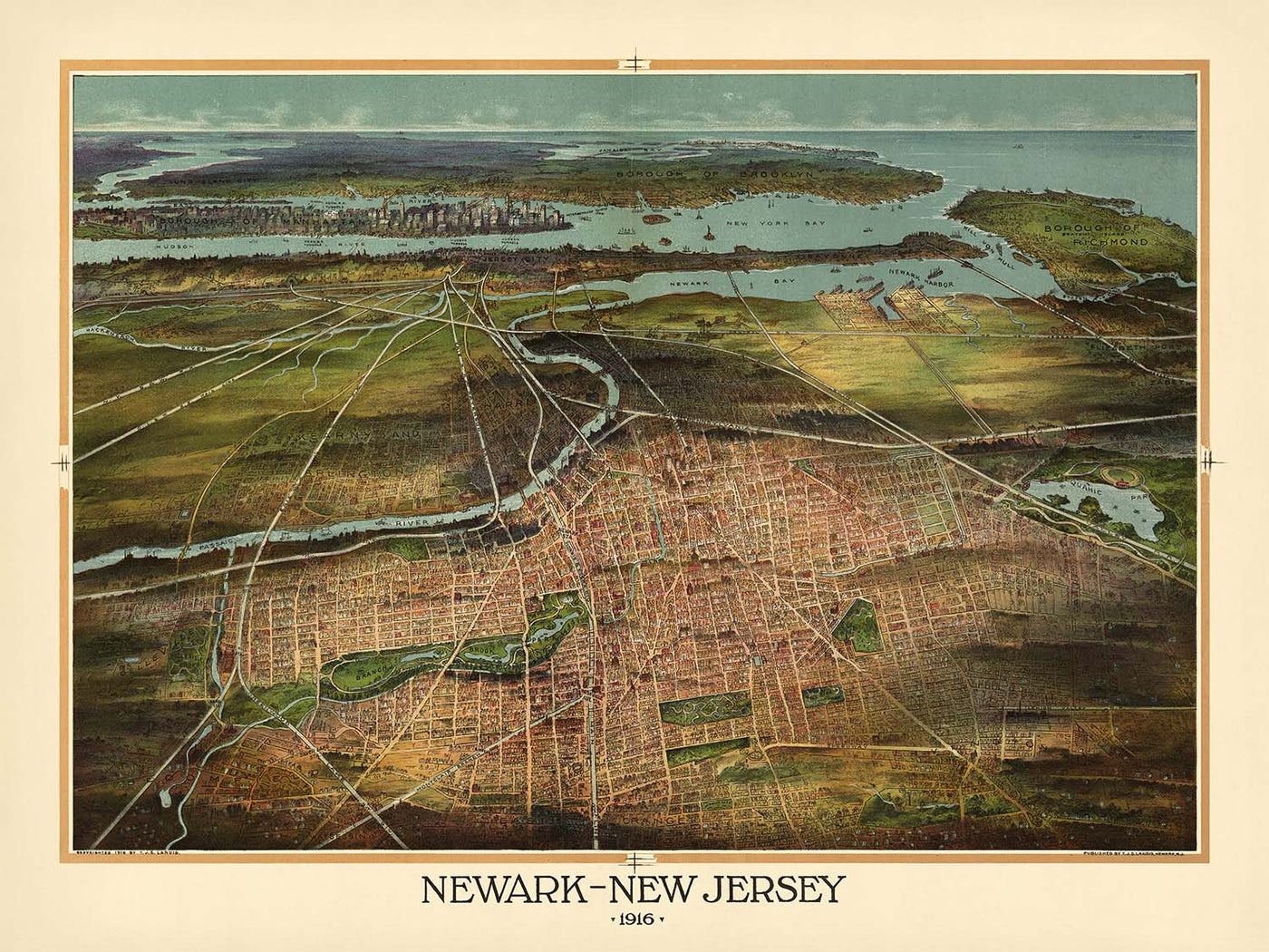 Ancienne carte Birdseye de Newark par Landis, 1916 : Manhattan, port de Newark, chemins de fer, baie de New York 