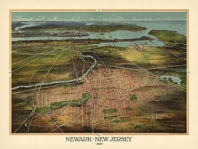 Ancienne carte Birdseye de Newark par Landis, 1916 : Manhattan, port de Newark, chemins de fer, baie de New York 