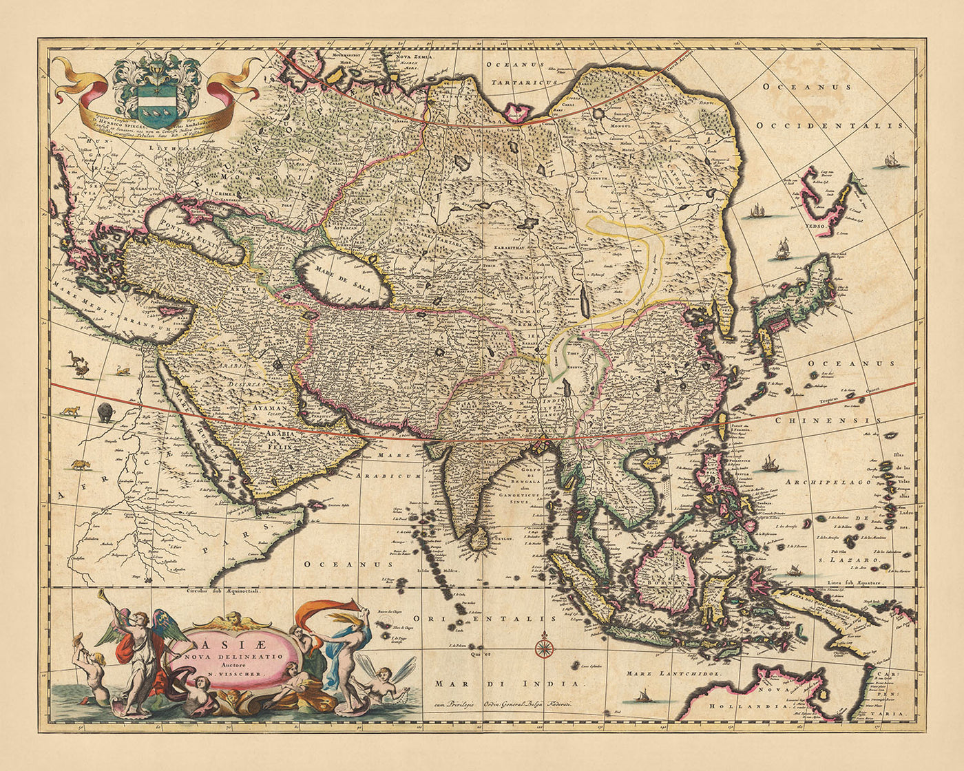 Antiguo mapa de Asia de Visscher, 1690: Oriente Medio, Asia oriental, Asia central, Asia meridional, Asia sudoriental