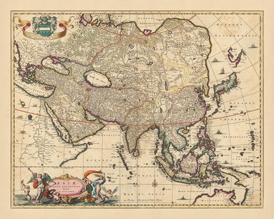 Antiguo mapa de Asia de Visscher, 1690: Oriente Medio, Asia oriental, Asia central, Asia meridional, Asia sudoriental