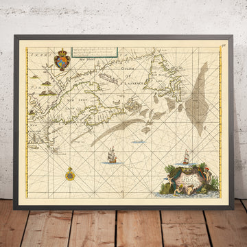 Ancien tableau naval du Cap Cod à Terre-Neuve par Seller, 1674 : Nouvelle-Angleterre, Nouvelle-Écosse, Péninsule d&