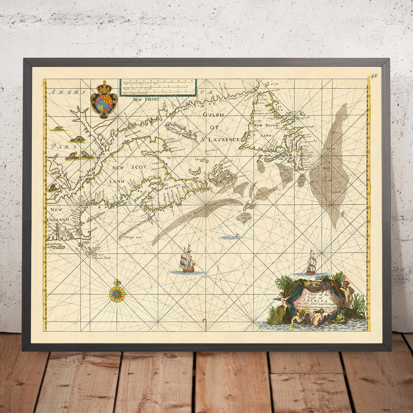 Ancien tableau naval du Cap Cod à Terre-Neuve par Seller, 1674 : Nouvelle-Angleterre, Nouvelle-Écosse, Péninsule d'Avalon 