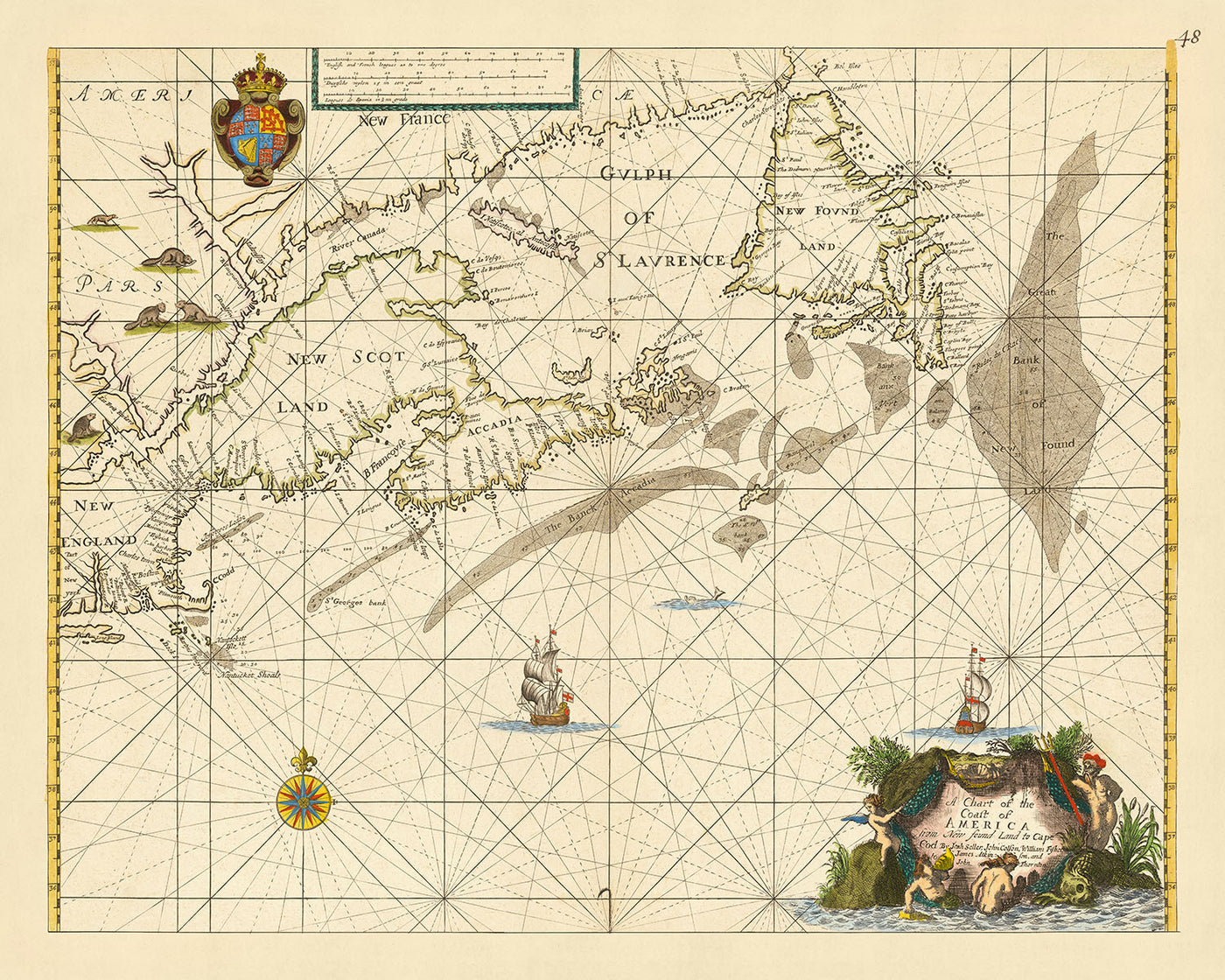 Ancien tableau naval du Cap Cod à Terre-Neuve par Seller, 1674 : Nouvelle-Angleterre, Nouvelle-Écosse, Péninsule d'Avalon 