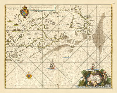 Ancien tableau naval du Cap Cod à Terre-Neuve par Seller, 1674 : Nouvelle-Angleterre, Nouvelle-Écosse, Péninsule d'Avalon 