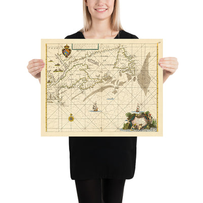 Ancien tableau naval du Cap Cod à Terre-Neuve par Seller, 1674 : Nouvelle-Angleterre, Nouvelle-Écosse, Péninsule d'Avalon 