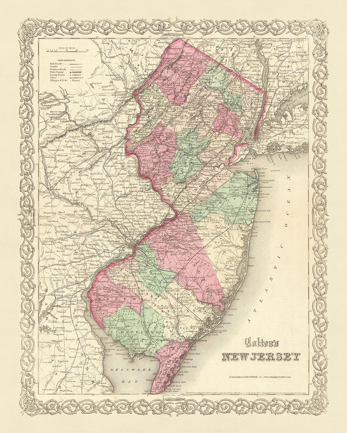 Mapa antiguo de Nueva Jersey por JH Colton, 1855: Newark, Jersey City, Paterson, Trenton y Camden