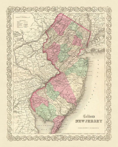 Mapa antiguo de Nueva Jersey por JH Colton, 1855: Newark, Jersey City, Paterson, Trenton y Camden