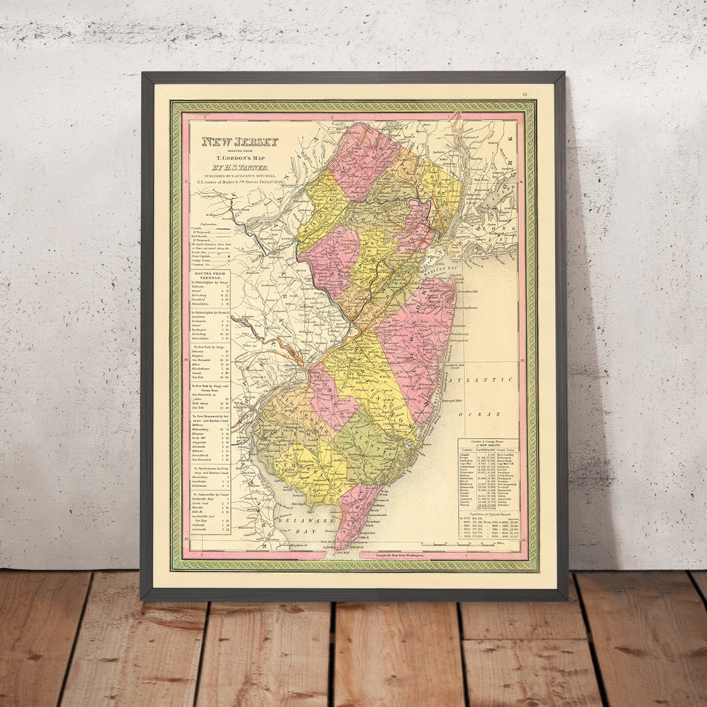 Old Map of New Jersey by Tanner, 1847: Garden State, New York City, Philadelphia, Trenton, Princeton, and Camden