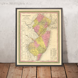 Antica mappa del New Jersey di Tanner, 1847: Garden State, New York City, Philadelphia, Trenton, Princeton e Camden 