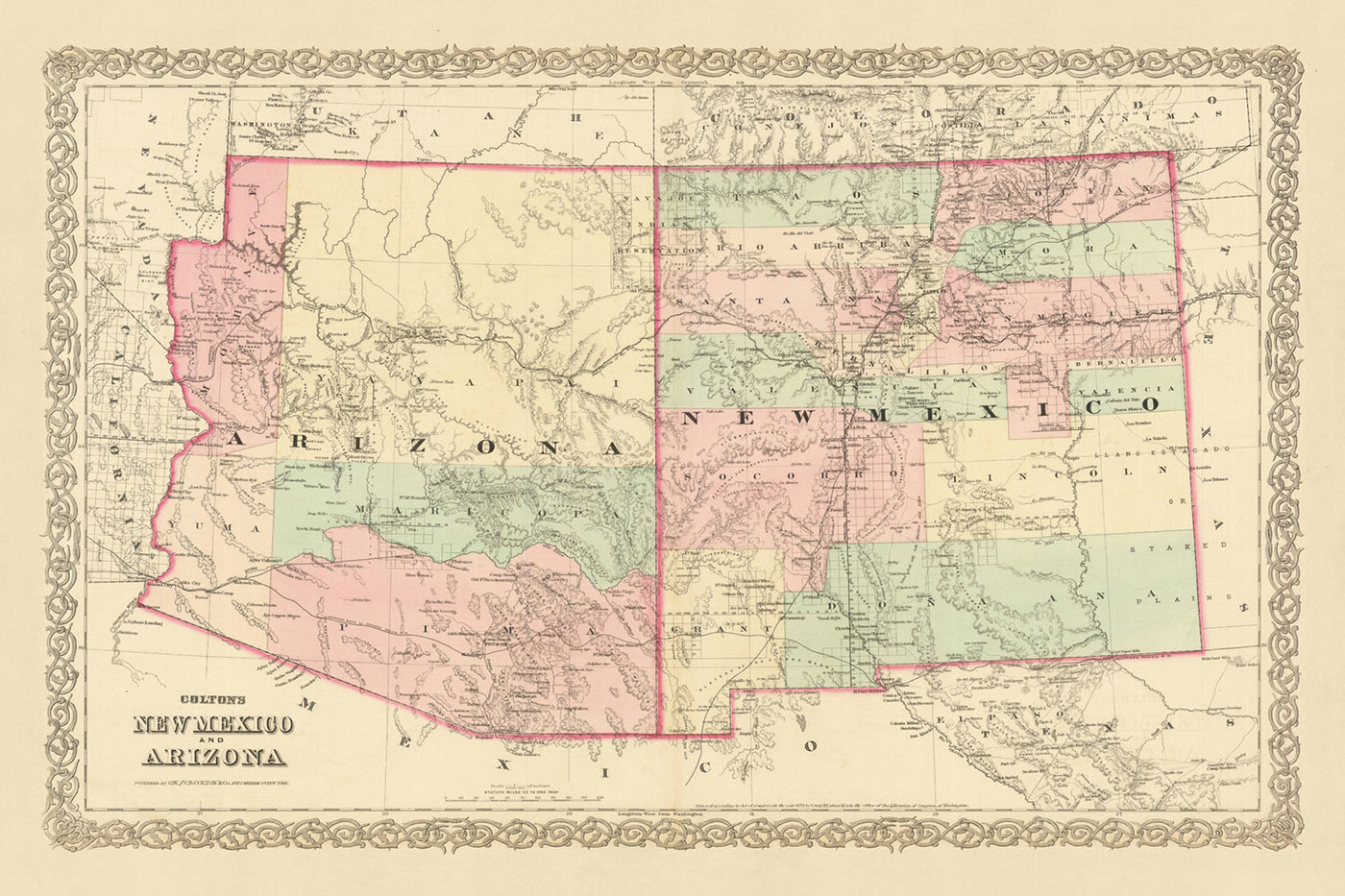 Old Map of New Mexico & Arizona by Colton, 1873: Santa Fe, Tucson, Albuquerque, Prescott, and Mesilla