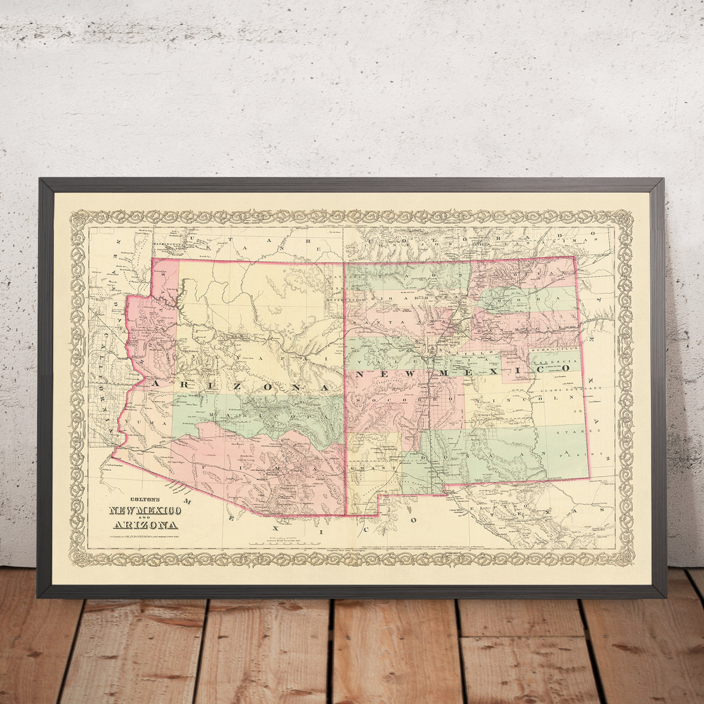 Old Map of New Mexico & Arizona by Colton, 1873: Santa Fe, Tucson, Albuquerque, Prescott, and Mesilla