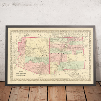 Old Map of New Mexico & Arizona by Colton, 1873: Santa Fe, Tucson, Albuquerque, Prescott, and Mesilla