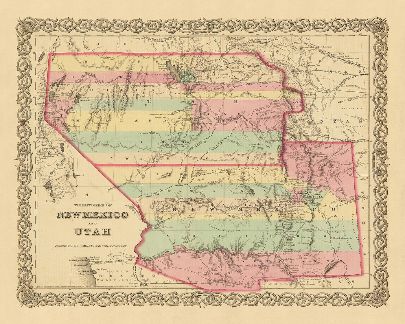 Ancienne carte du Nouveau-Mexique et de l'Utah par JH Colton, 1856 : Santa Fe, Albuquerque, Provo, Salt Lake City, St. George