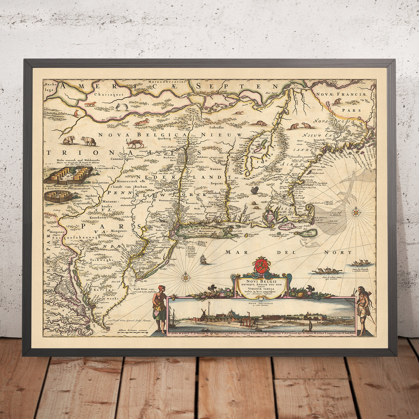 Mapa antiguo de Nueva Holanda, Nueva Inglaterra y parte de Virginia por Visscher, 1690: Nueva York, Nueva Ámsterdam, asentamientos indios