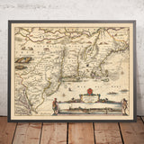 Ancienne carte de la Nouvelle-Pays-Bas, de la Nouvelle-Angleterre et d'une partie de la Virginie par Visscher, 1690 : New York, New Amsterdam, établissements indiens