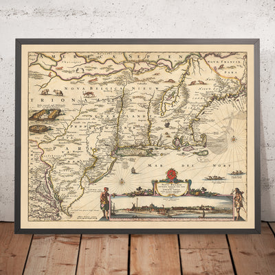 Mapa antiguo de Nueva Holanda, Nueva Inglaterra y parte de Virginia por Visscher, 1690: Nueva York, Nueva Ámsterdam, asentamientos indios