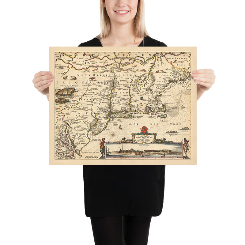 Mapa antiguo de Nueva Holanda, Nueva Inglaterra y parte de Virginia por Visscher, 1690: Nueva York, Nueva Ámsterdam, asentamientos indios