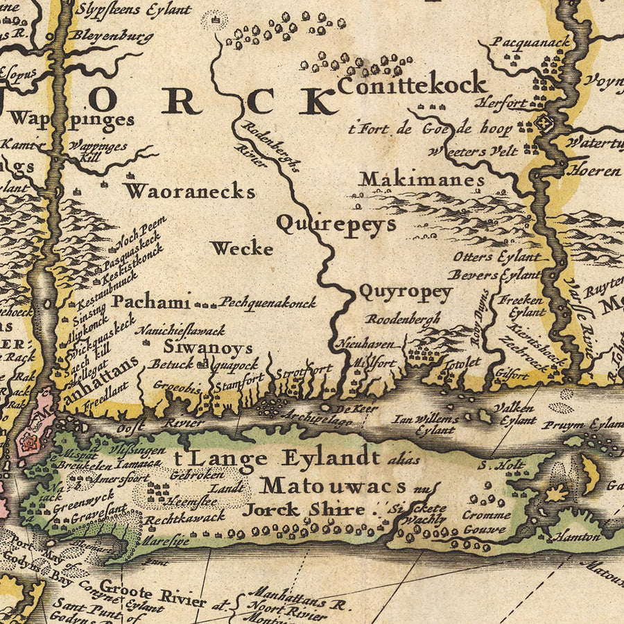 Vecchia mappa della Nuova Olanda, Nuova Inghilterra e parte della Virginia di Visscher, 1690: New York, Nuova Amsterdam, insediamenti indiani 