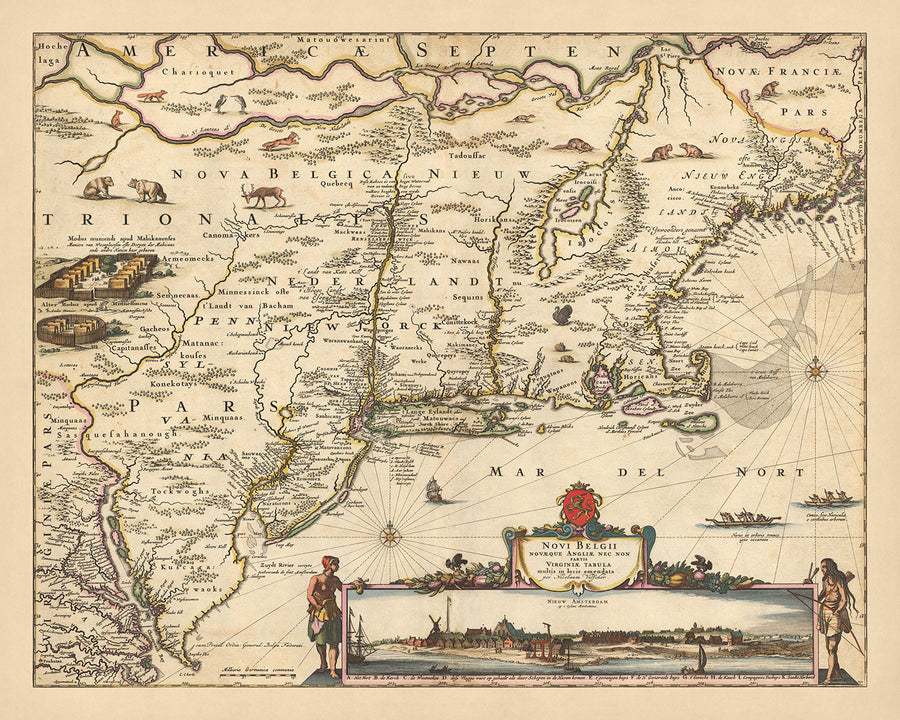 Vecchia mappa della Nuova Olanda, Nuova Inghilterra e parte della Virginia di Visscher, 1690: New York, Nuova Amsterdam, insediamenti indiani 