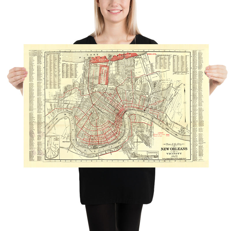 Alte Karte von New Orleans von Guilot & Adam, 1925: Französisches Viertel, Treme, Algiers, Metairie und Stadtpark 