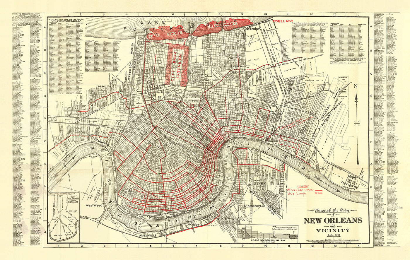 Alte Karte von New Orleans von Guilot & Adam, 1925: Französisches Viertel, Treme, Algiers, Metairie und Stadtpark 