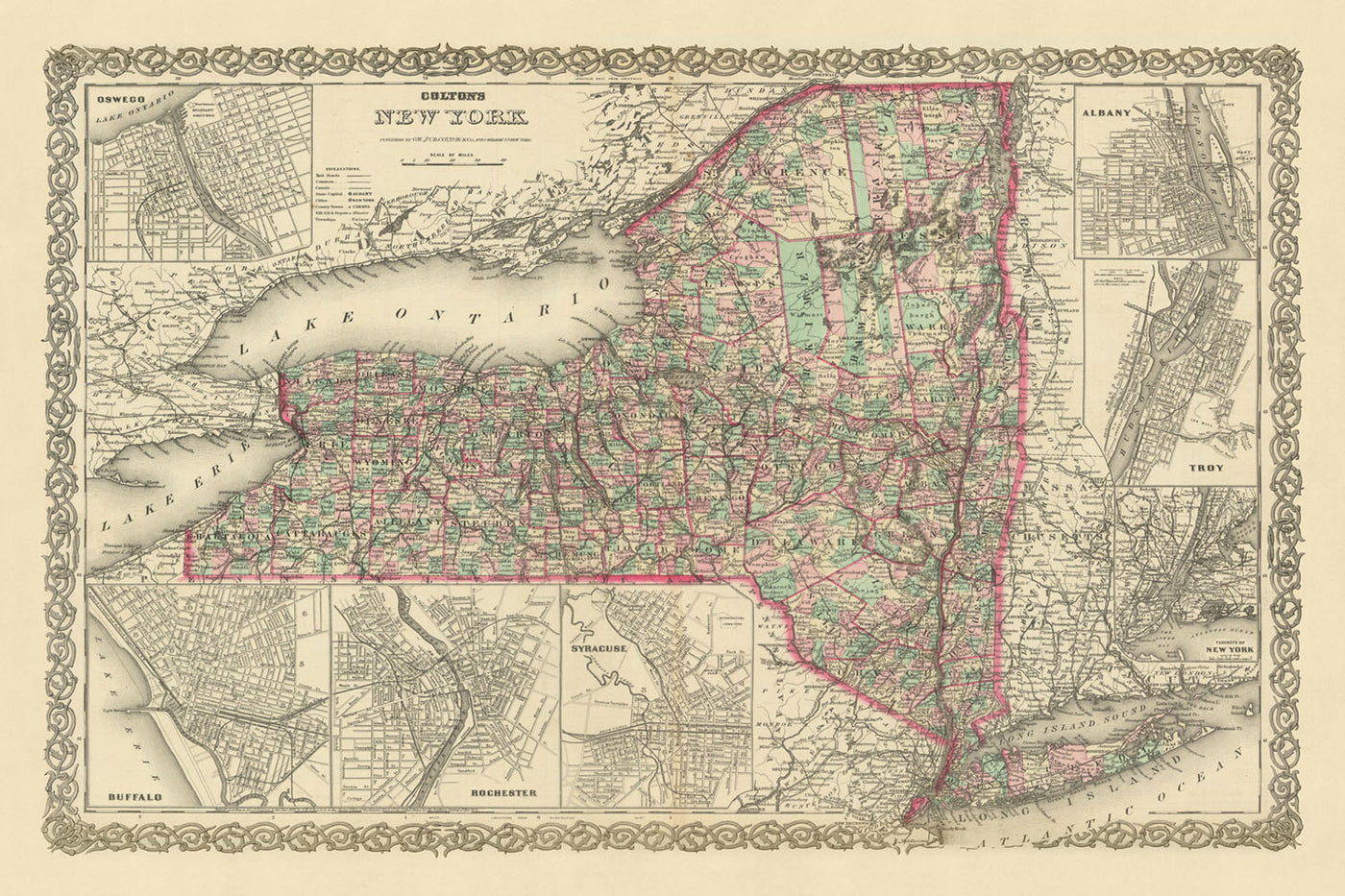 Old Map of New York by J.H. Colton, 1874: New York City, Buffalo, Rochester, Albany, Syracuse