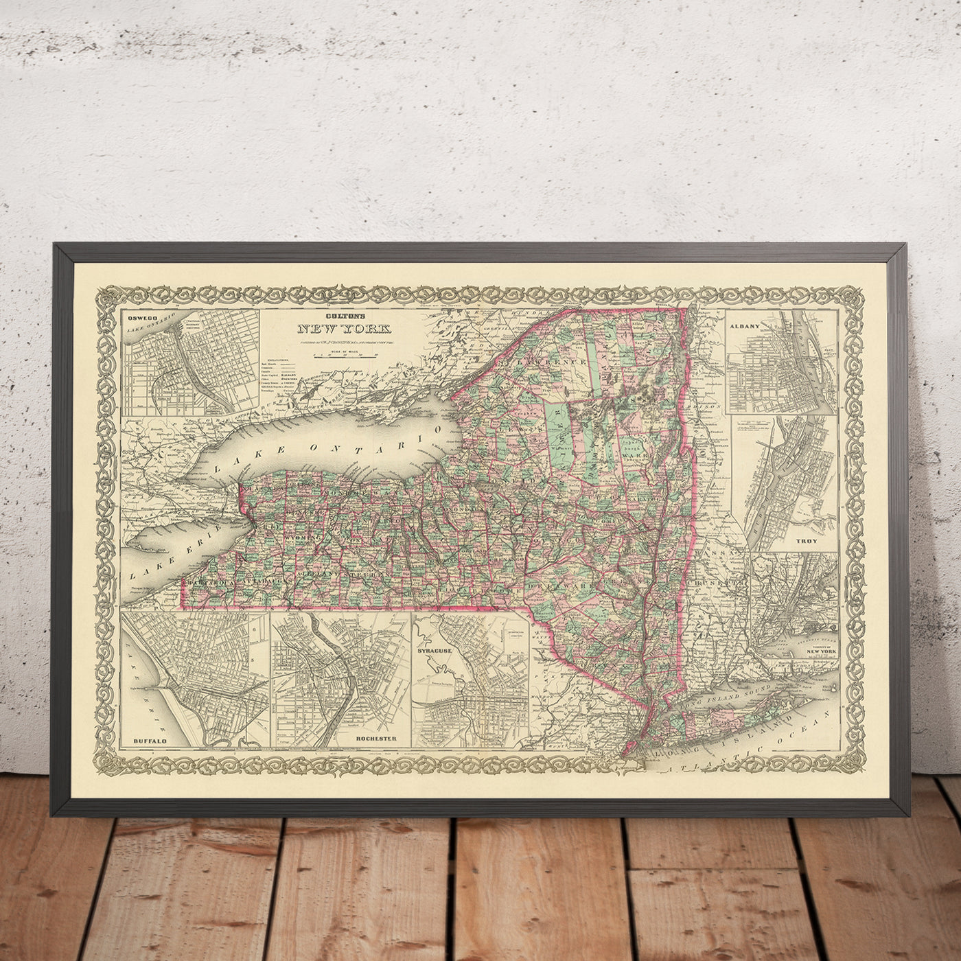 Old Map of New York by J.H. Colton, 1874: New York City, Buffalo, Rochester, Albany, Syracuse