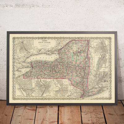 Old Map of New York by J.H. Colton, 1874: New York City, Buffalo, Rochester, Albany, Syracuse