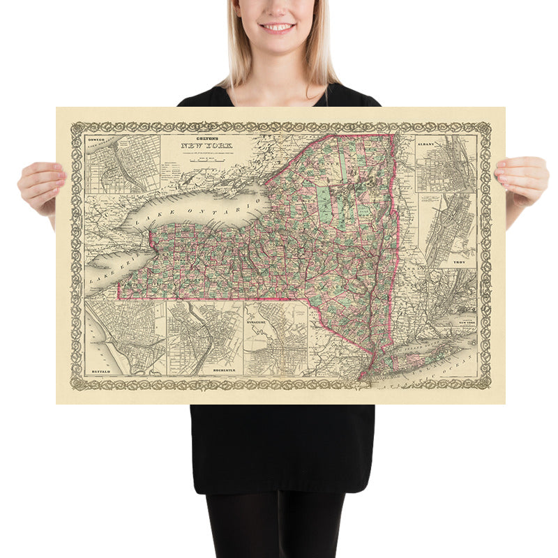 Old Map of New York by J.H. Colton, 1874: New York City, Buffalo, Rochester, Albany, Syracuse