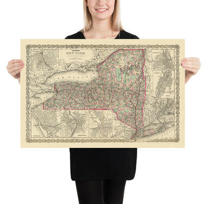 Old Map of New York by J.H. Colton, 1874: New York City, Buffalo, Rochester, Albany, Syracuse