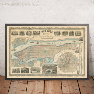 Mappa antica rara di New York City di Phelps, 1857: Central Park, fiume Hudson, vecchie illustrazioni 