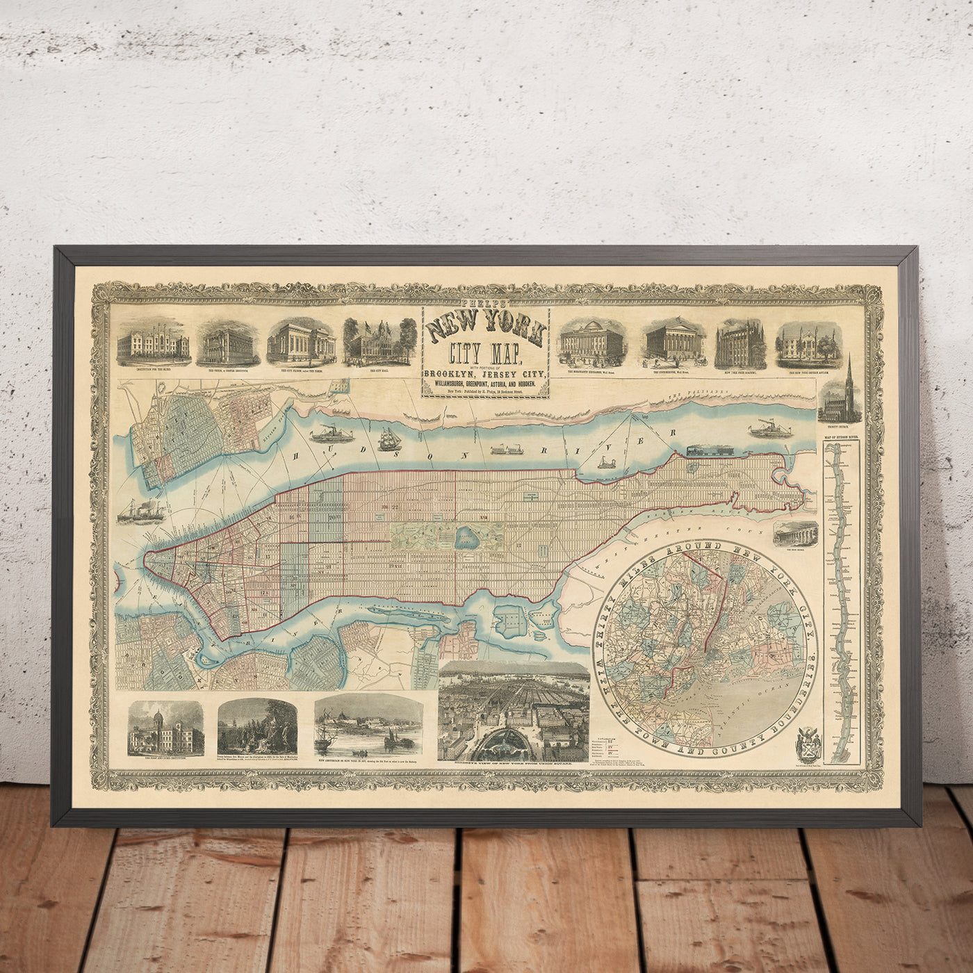 Seltene alte große Karte von New York City von Phelps, 1857: Central Park, Hudson River, alte Illustrationen 