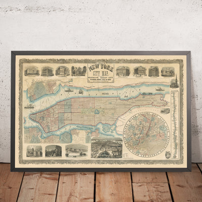 Seltene alte große Karte von New York City von Phelps, 1857: Central Park, Hudson River, alte Illustrationen 