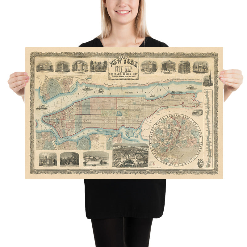Seltene alte große Karte von New York City von Phelps, 1857: Central Park, Hudson River, alte Illustrationen 