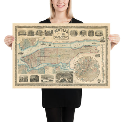 Seltene alte große Karte von New York City von Phelps, 1857: Central Park, Hudson River, alte Illustrationen 