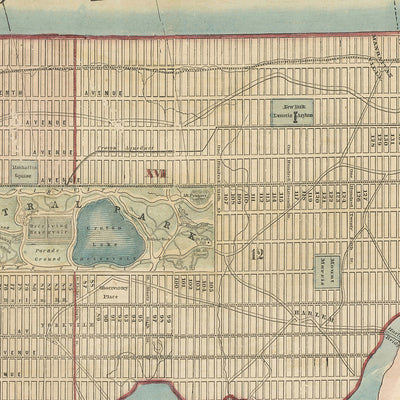 Seltene alte große Karte von New York City von Phelps, 1857: Central Park, Hudson River, alte Illustrationen 