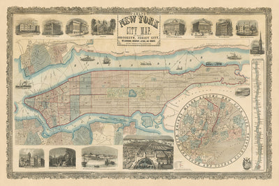 Seltene alte große Karte von New York City von Phelps, 1857: Central Park, Hudson River, alte Illustrationen 