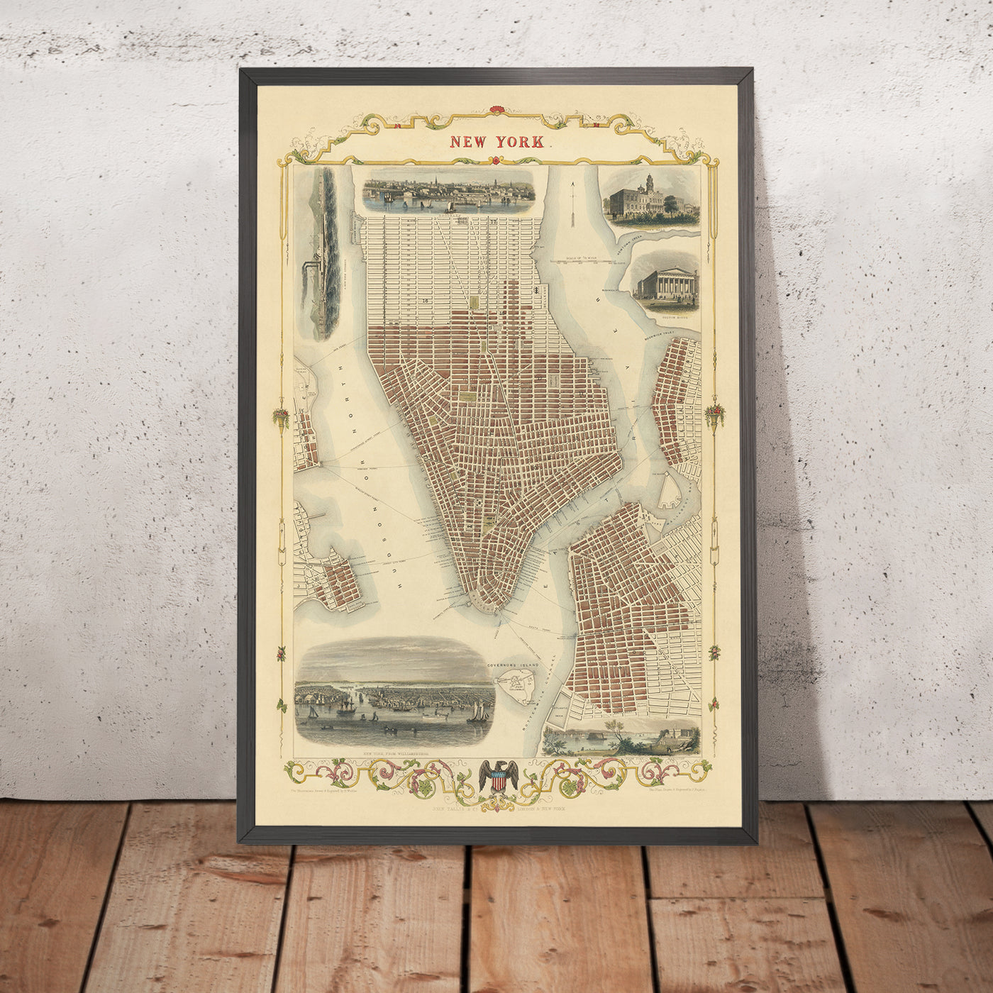Antigua mapa de la ciudad de Nueva York por Tallis y Rapkin, 1851: Manhattan, Brooklyn, Williamsburgh, Ayuntamiento, Casa de Aduanas 