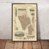 Old Map of New York City by Tallis & Rapkin, 1851: Manhattan, Brooklyn, Williamsburgh, City Hall, Custom's House