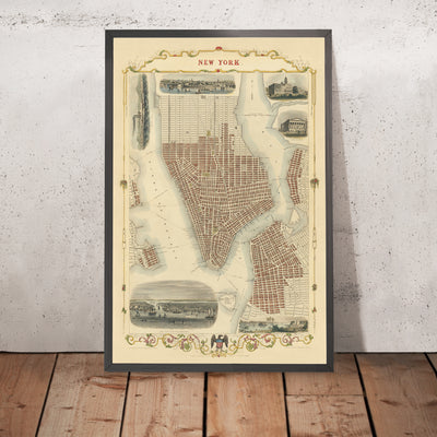 Antigua mapa de la ciudad de Nueva York por Tallis y Rapkin, 1851: Manhattan, Brooklyn, Williamsburgh, Ayuntamiento, Casa de Aduanas 