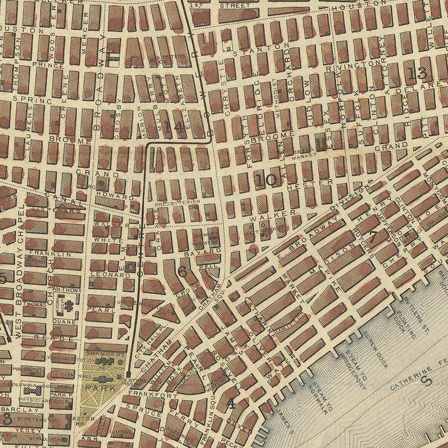Mappa antica di New York City di Tallis & Rapkin, 1851: Manhattan, Brooklyn, Williamsburgh, Municipio, Dogana 