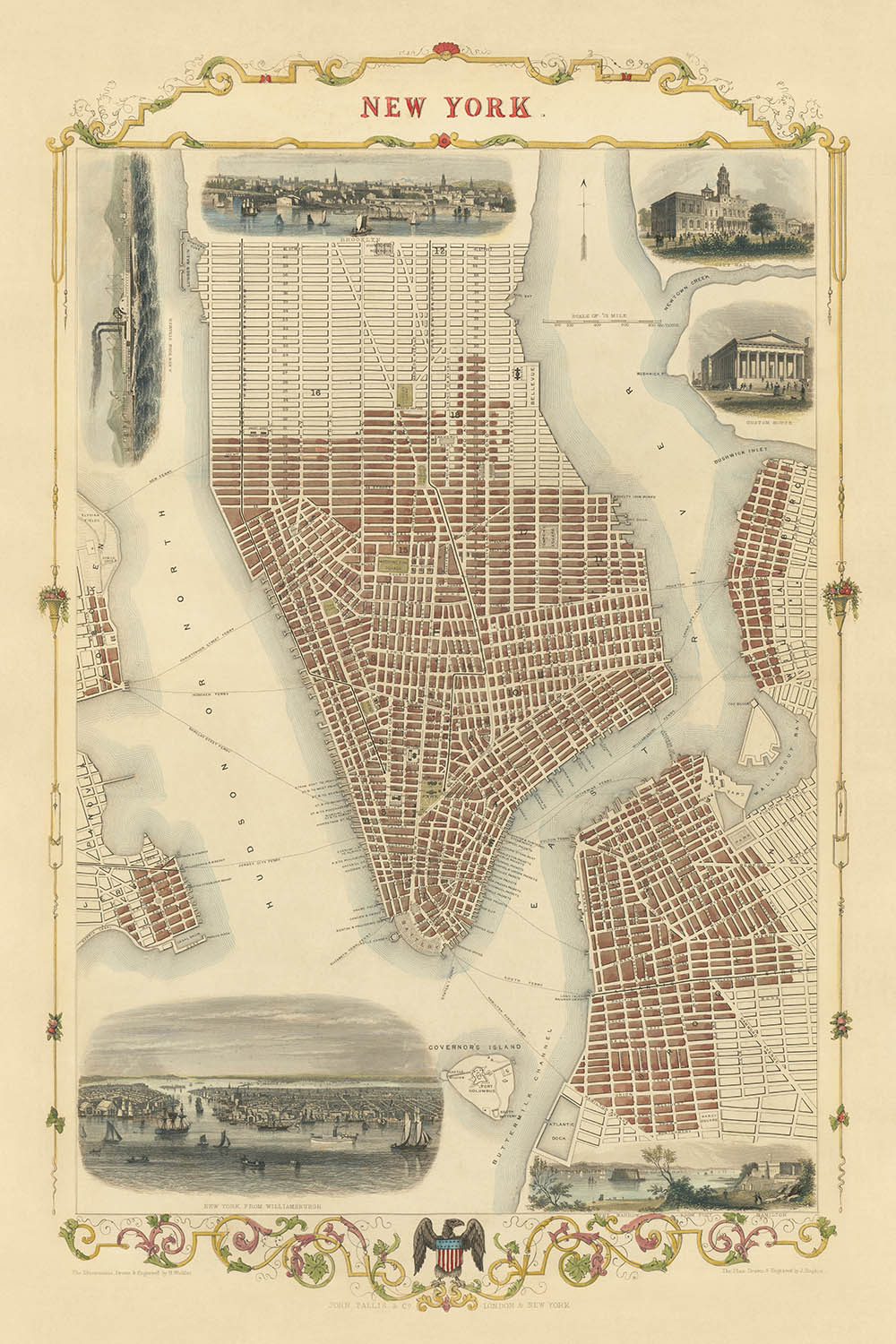 Antigua mapa de la ciudad de Nueva York por Tallis y Rapkin, 1851: Manhattan, Brooklyn, Williamsburgh, Ayuntamiento, Casa de Aduanas 