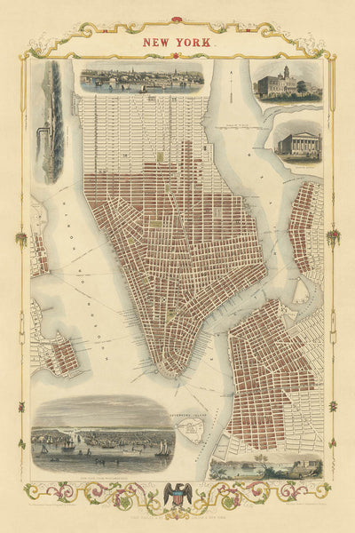 Antigua mapa de la ciudad de Nueva York por Tallis y Rapkin, 1851: Manhattan, Brooklyn, Williamsburgh, Ayuntamiento, Casa de Aduanas 