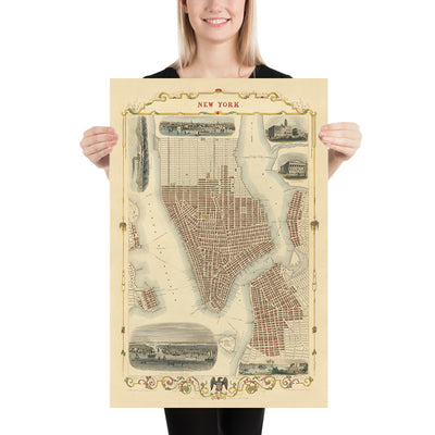 Antigua mapa de la ciudad de Nueva York por Tallis y Rapkin, 1851: Manhattan, Brooklyn, Williamsburgh, Ayuntamiento, Casa de Aduanas 
