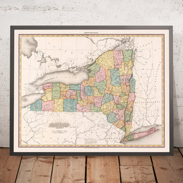 Mapa antiguo del estado de Nueva York de Tanner, 1819: ciudad de Nueva York, Albany, West Point, Plattsburgh y lago Champlain