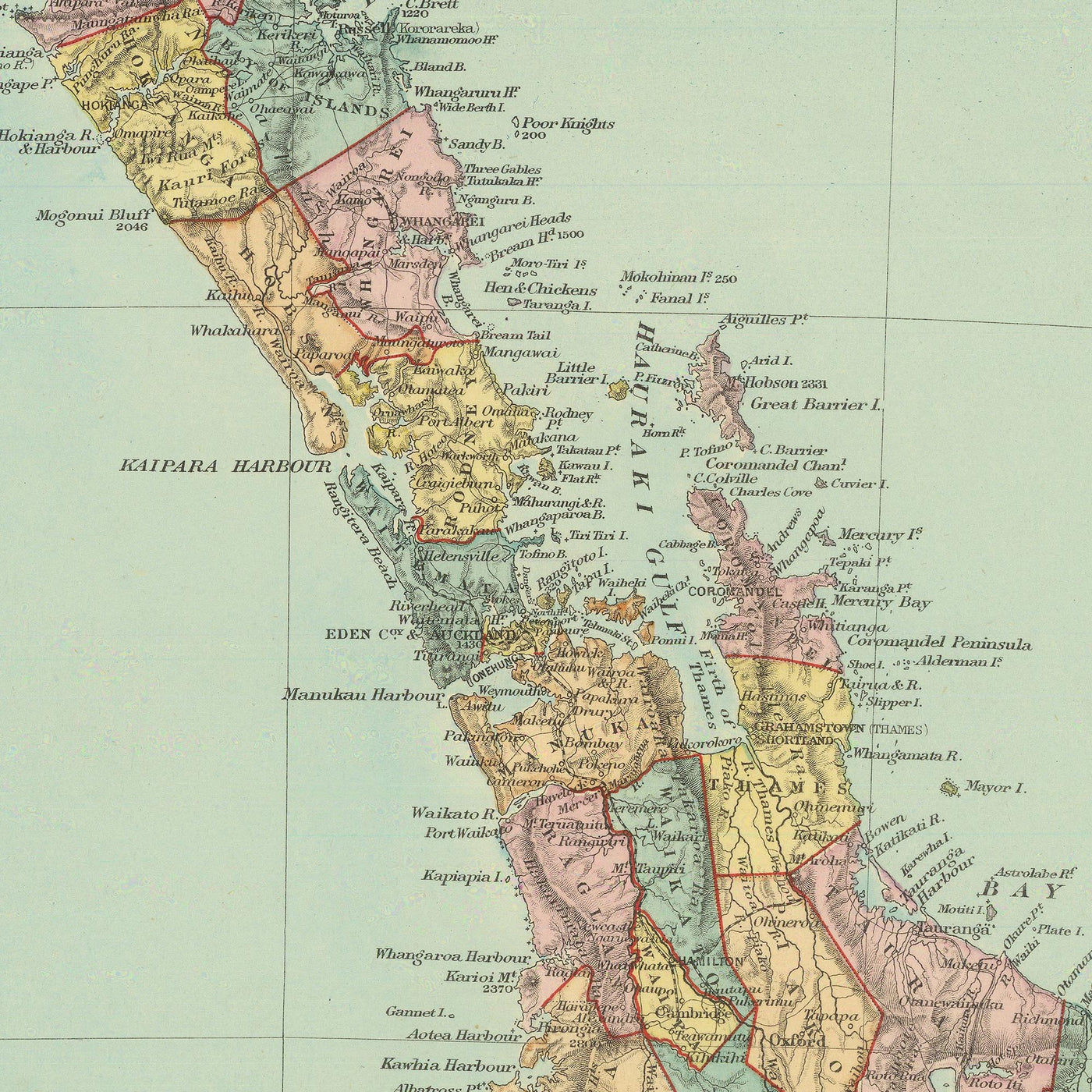 Alte Karte von Neuseeland von Stanford, 1887: Auckland, Wellington, Südalpen, Stewart Island, Landkreise 