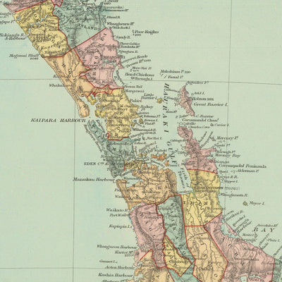 Alte Karte von Neuseeland von Stanford, 1887: Auckland, Wellington, Südalpen, Stewart Island, Landkreise 