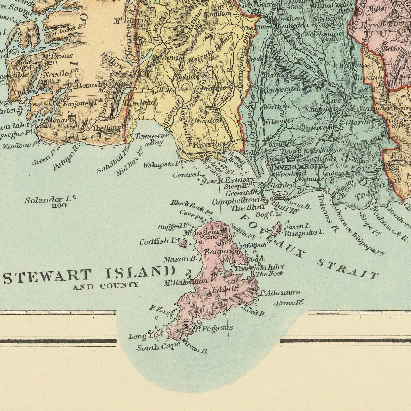 Alte Karte von Neuseeland von Stanford, 1887: Auckland, Wellington, Südalpen, Stewart Island, Landkreise 