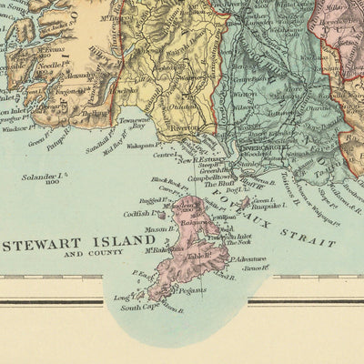 Alte Karte von Neuseeland von Stanford, 1887: Auckland, Wellington, Südalpen, Stewart Island, Landkreise 
